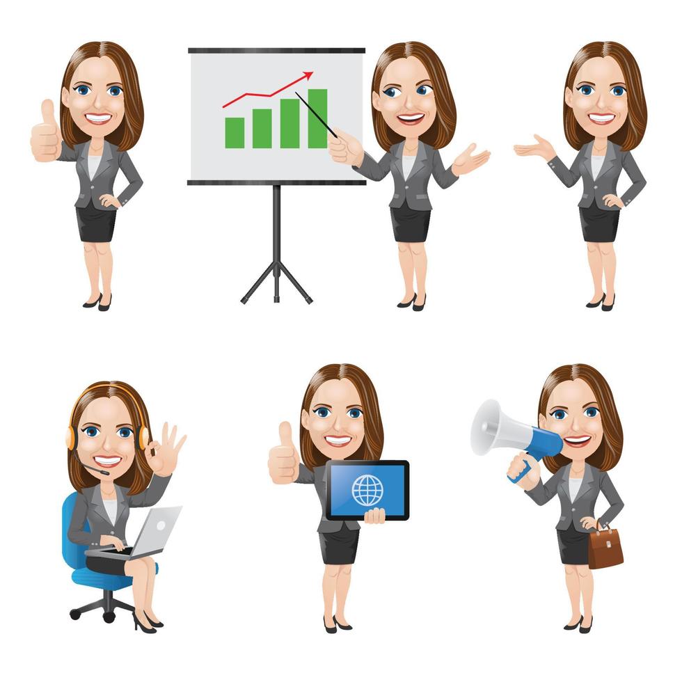conjunto de personaje de mujer de negocios en 6 poses diferentes vector