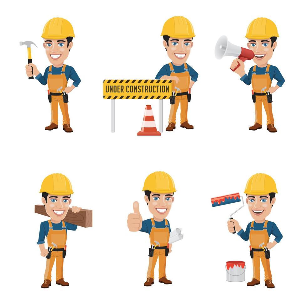 conjunto de personaje de trabajador de la construcción en 6 poses diferentes vector