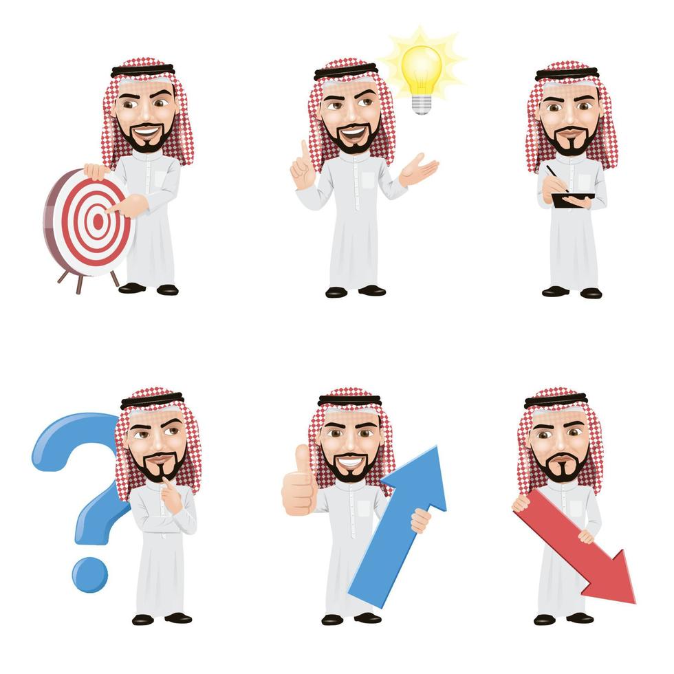 conjunto de caracteres de hombre árabe en 6 poses diferentes vector