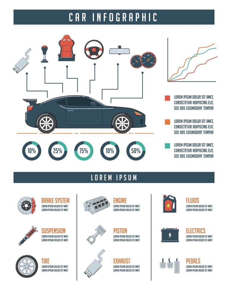 Plantilla de infografía de coche con piezas de coche. concepto de reparación y servicio automático. vector