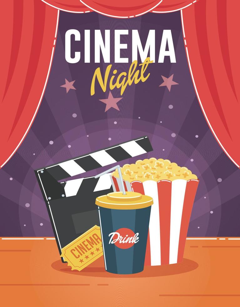 Cinema night with popcorn, drink cup, and clapper board illustration vector
