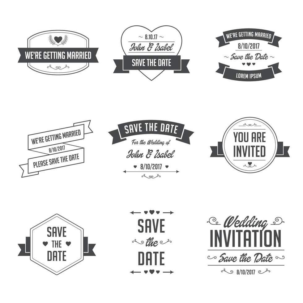 Conjunto de insignias de boda y elementos de diseño tipográfico. vector