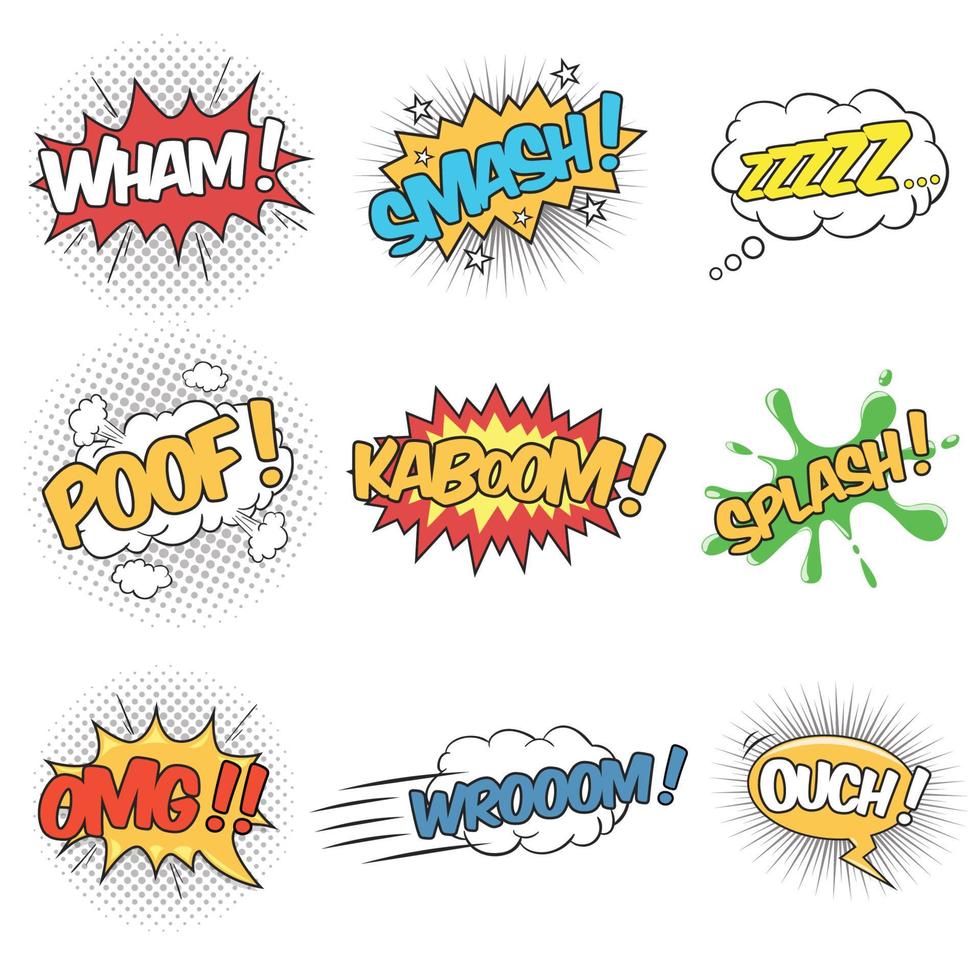 Set of Nine Wording Sound Effects for Comic Speech Bubble vector
