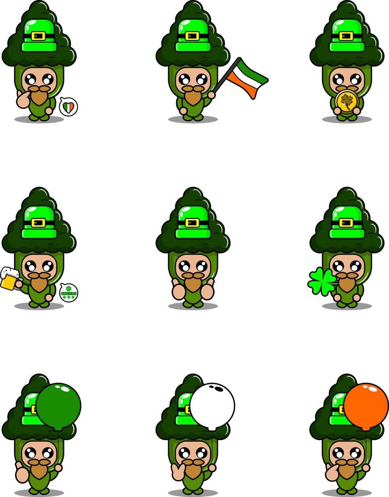vector personaje de dibujos animados disfraz de mascota brócoli conjunto de verduras paquete día de san patricio