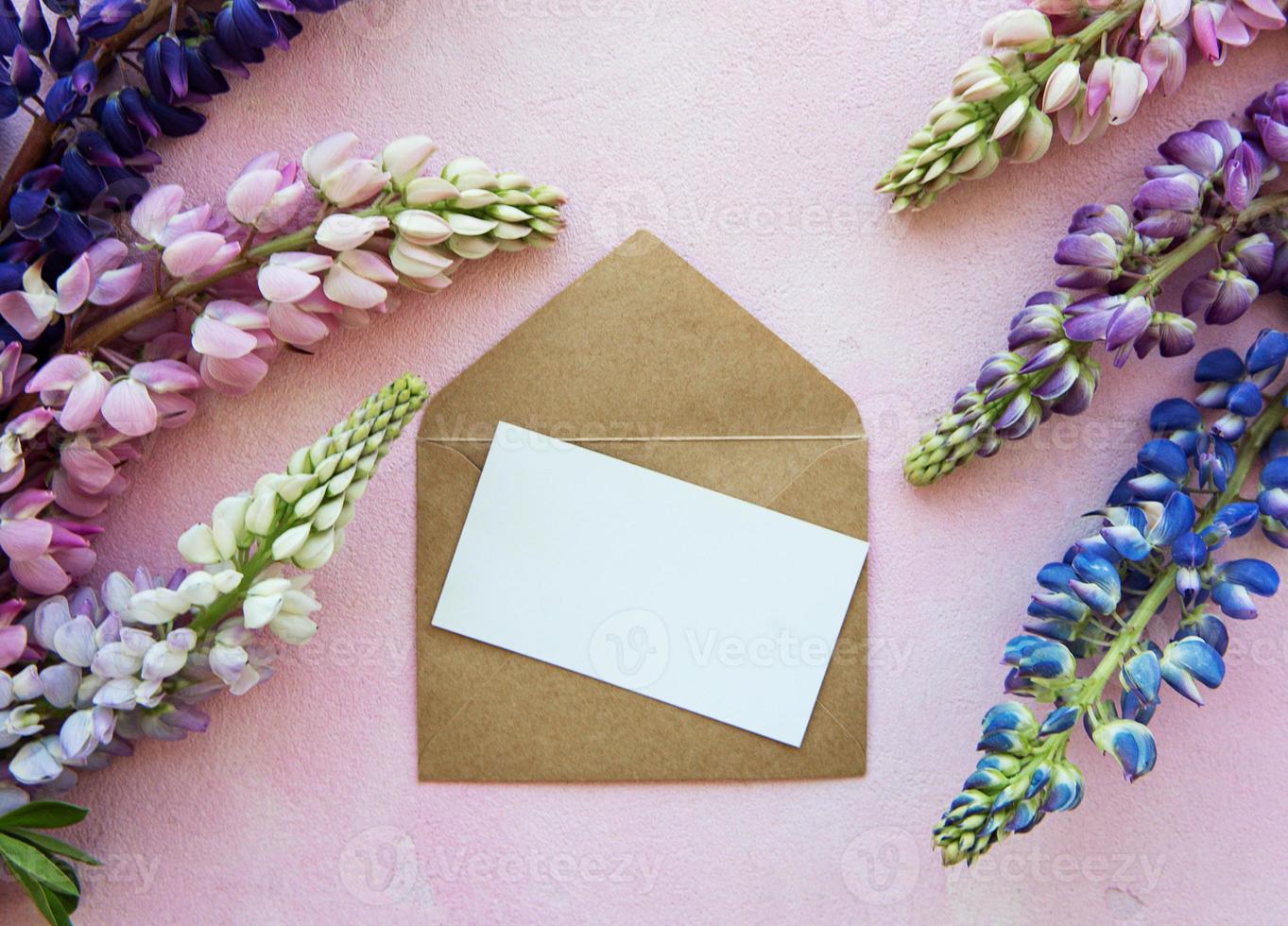 Mockup greeting card  with lupine flowers photo