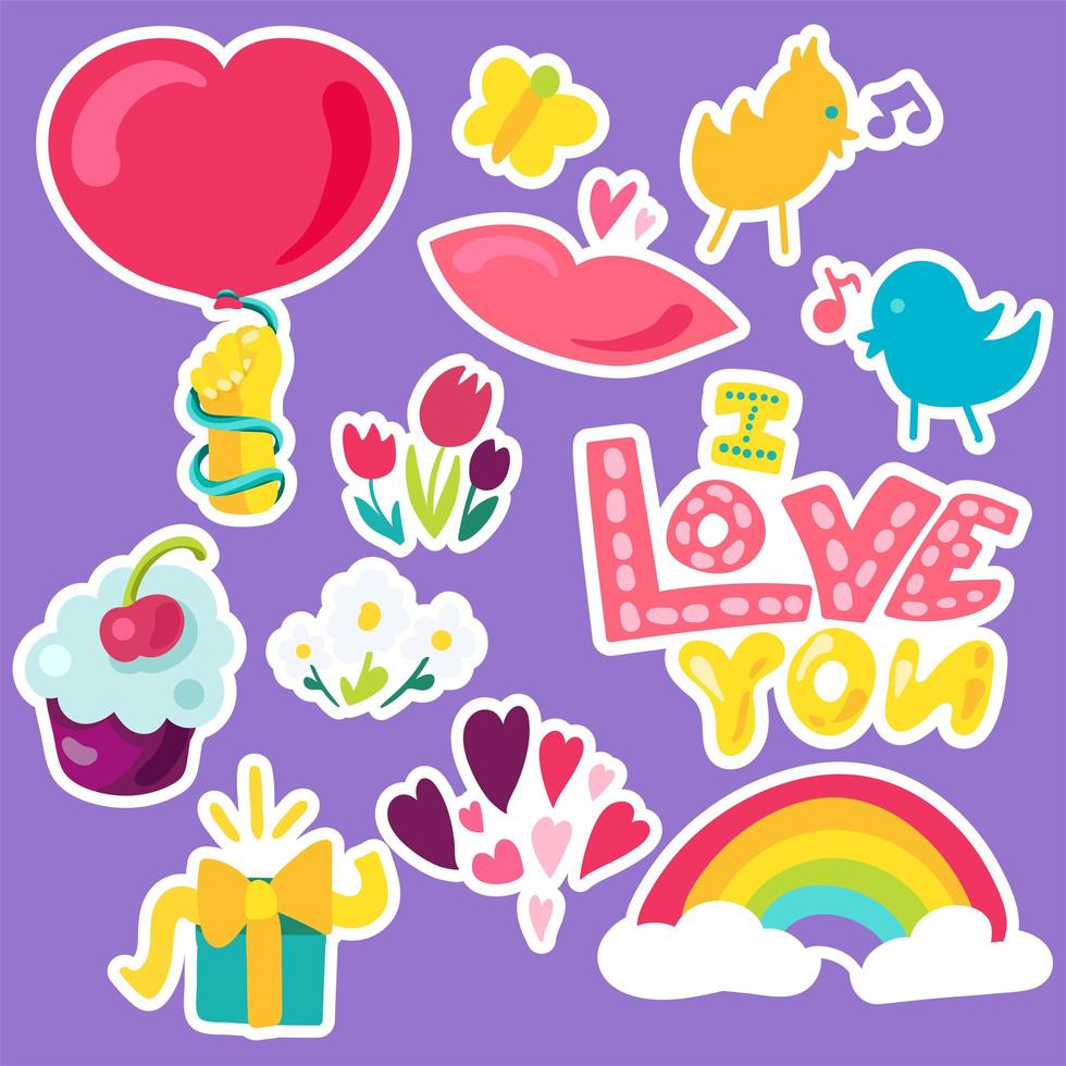 Vector Romantic Love Patches Set in doodle style with shape