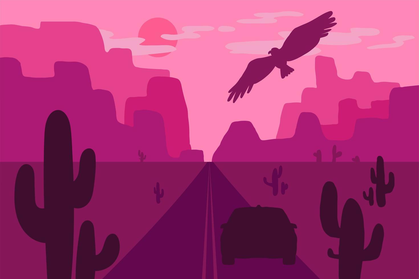 paisaje desértico con águila, cactus y sol. vector