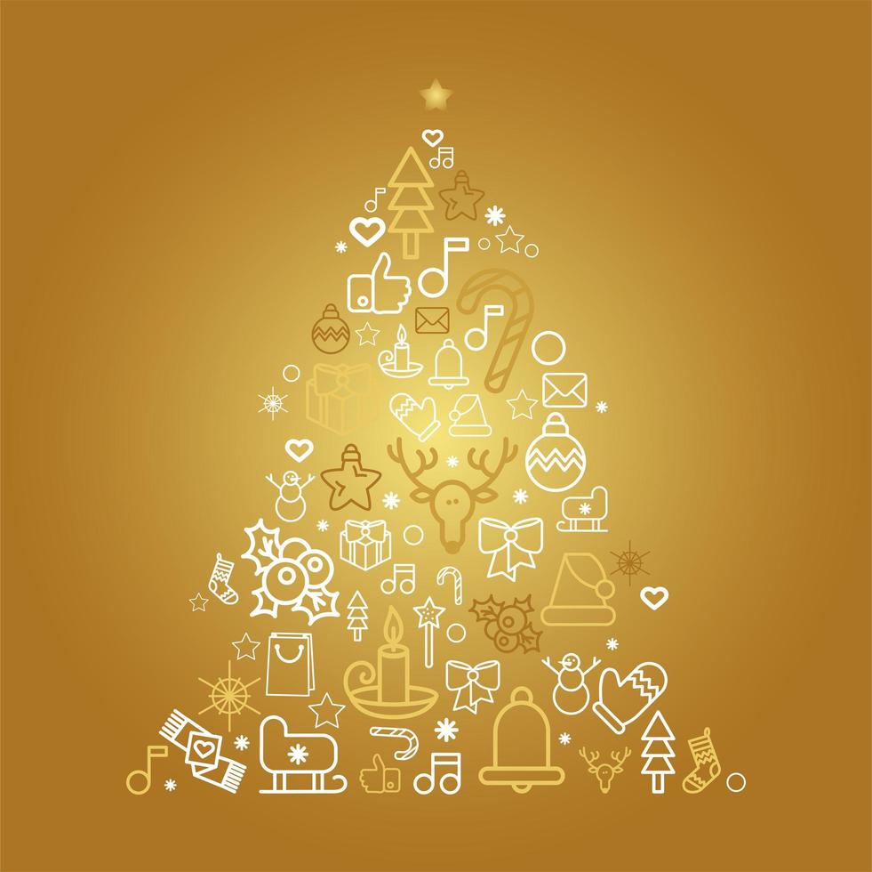 Christmas tree silhouette with holiday linear icons vector