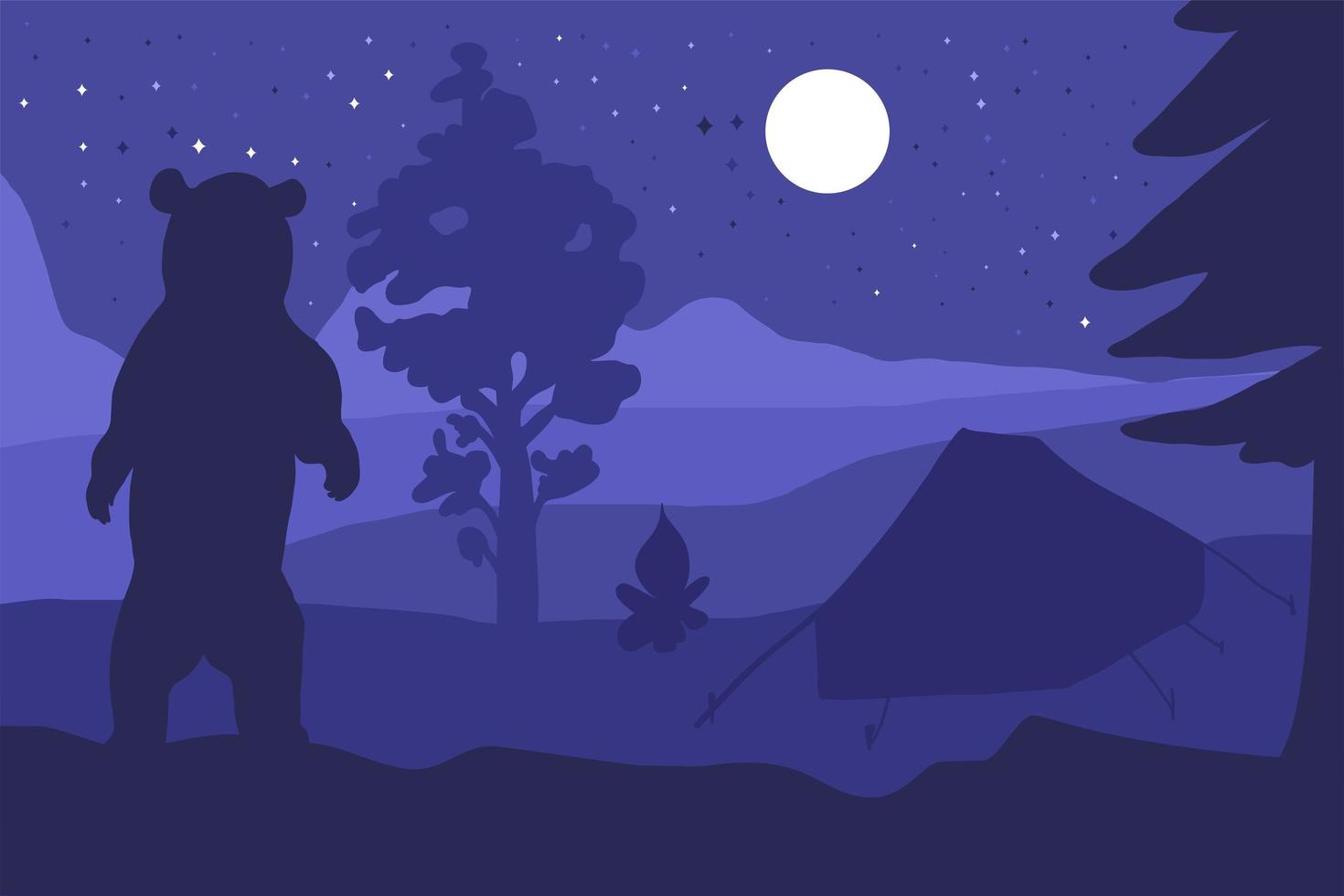 Walking Bear In Forest Mountain Camp at night vector