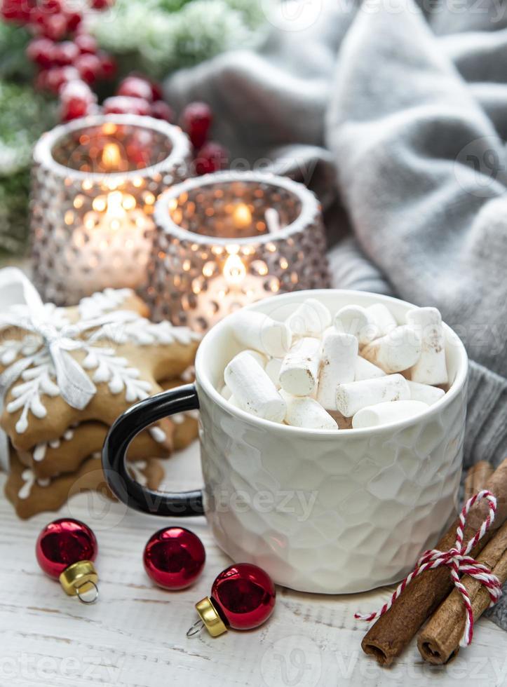 Christmas decorations,  cocoa and gingerbread cookies. photo