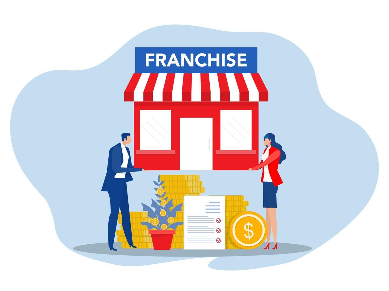 oferta de empresario invertir con pequeña empresa o franquicia estrategia de expansión de sucursal de planificación de marketing financiero ilustrador vectorial vector