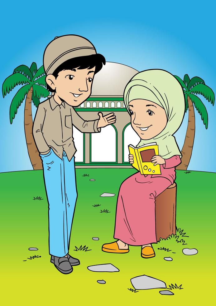 Muslim couple talking with mosque at background vector