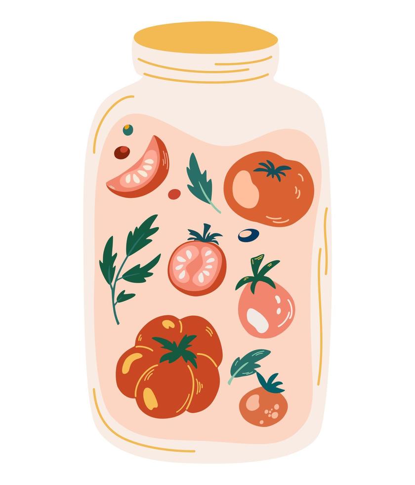 Jar of pickled tomatoes. Pickles tomatoes in jar. Fermented veggies. Marinated vegetables in can, homemade production full of probiotics. Organic product. Crunch tomatoes with salt. vector