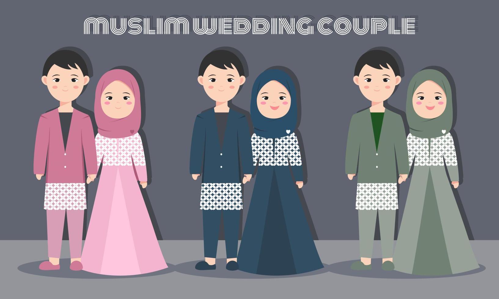 cute muslim couple character set with batik dress for wedding or engagement invitation card. Vector illustration in cartoon of a couple in love