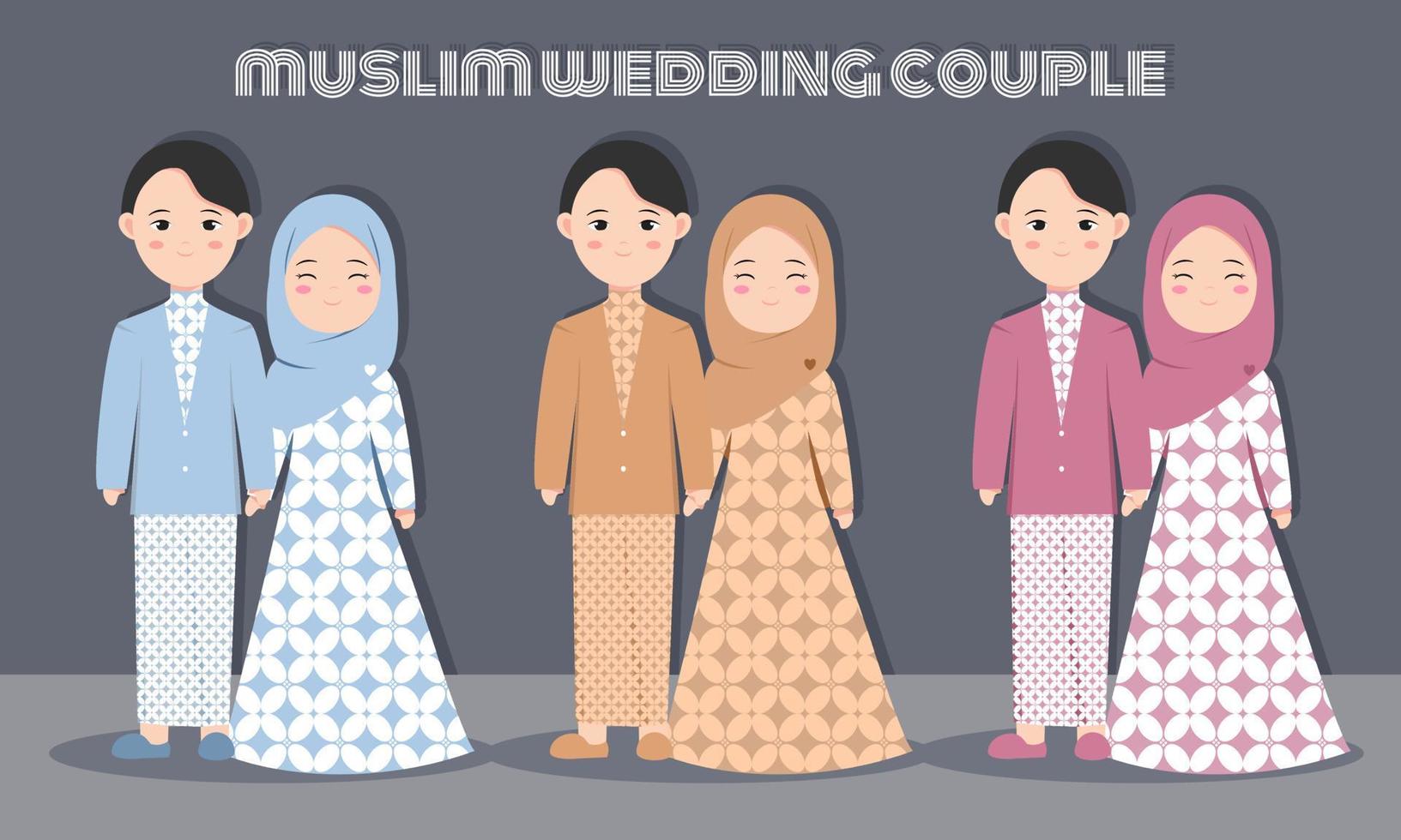 cute muslim couple character set with batik dress for wedding or engagement invitation card. Vector illustration in cartoon of a couple in love