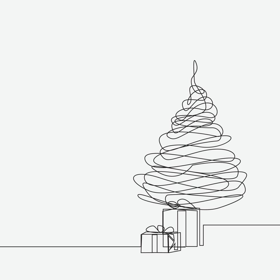 Christmas tree and gift box continuous one line drawing vector