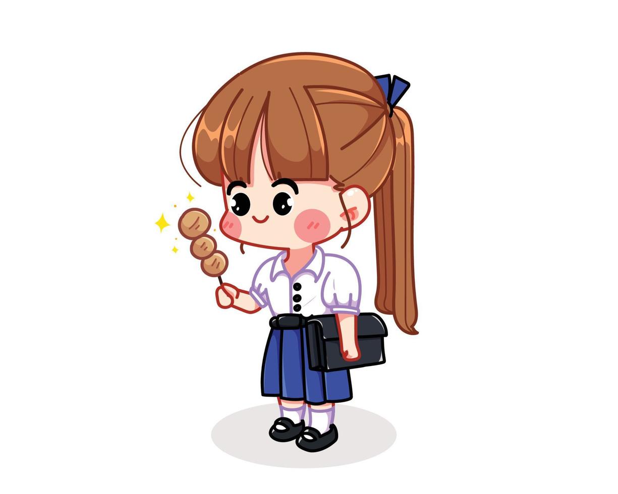 Cute girl in a student uniform holding meatballs and bag education thailand school concept cartoon hand drawn cartoon art illustration vector