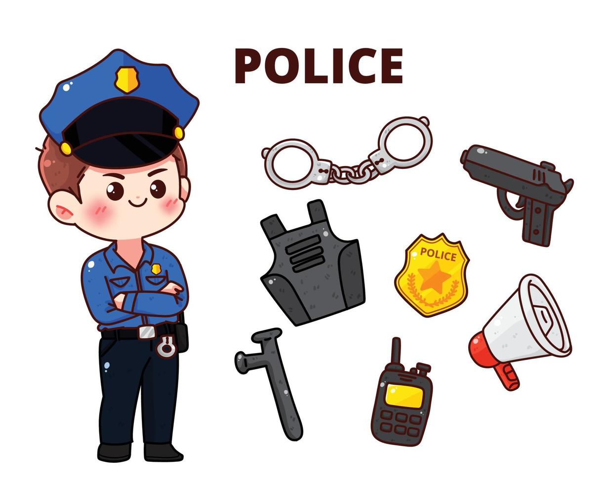 Police equipment policeman character security service cartoon concept cartoon hand drawn cartoon art illustration vector