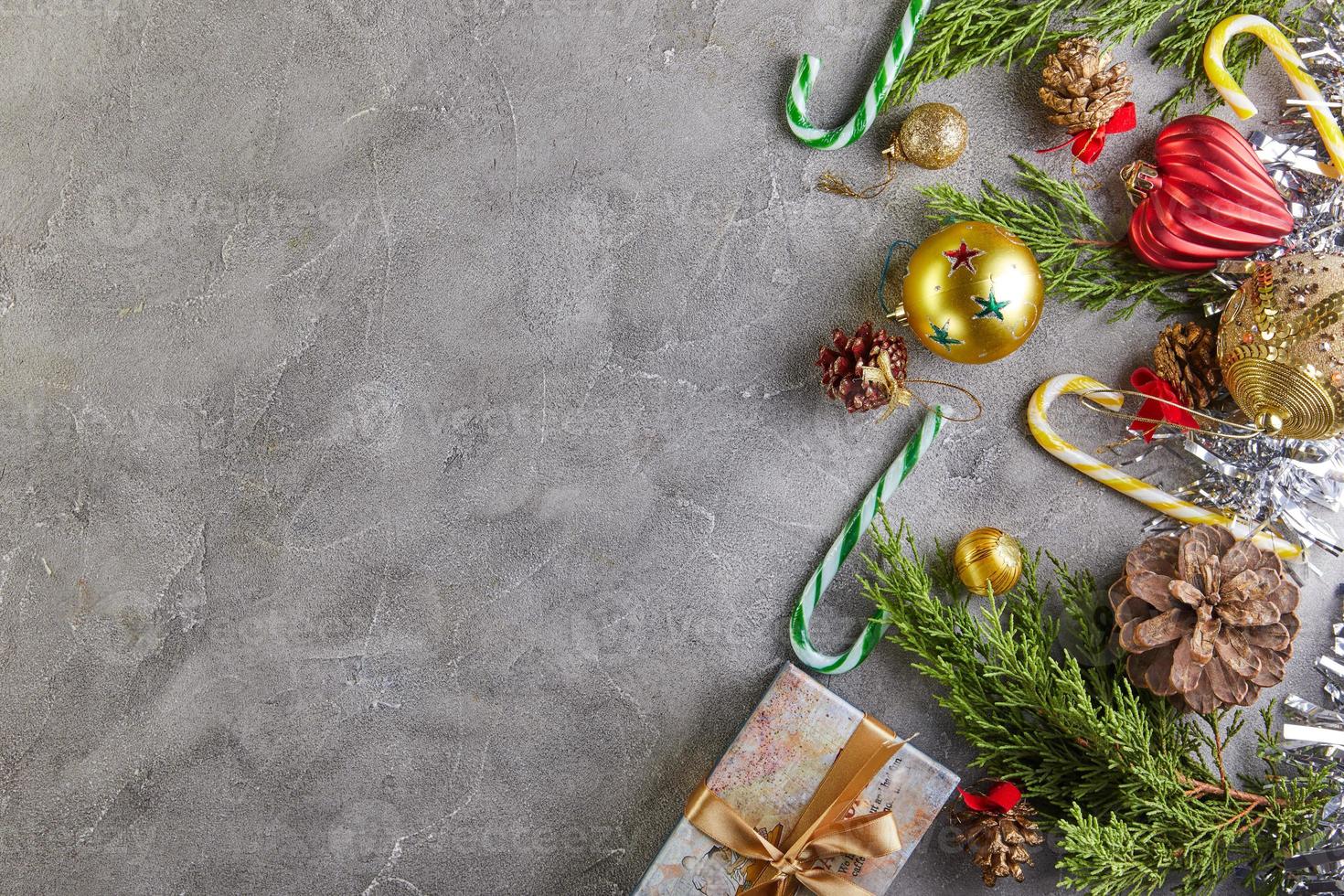 Merry christmas and happy new year concept. Flat lay of christmas accessories. Xmas Tree decorations and copy space for your text photo