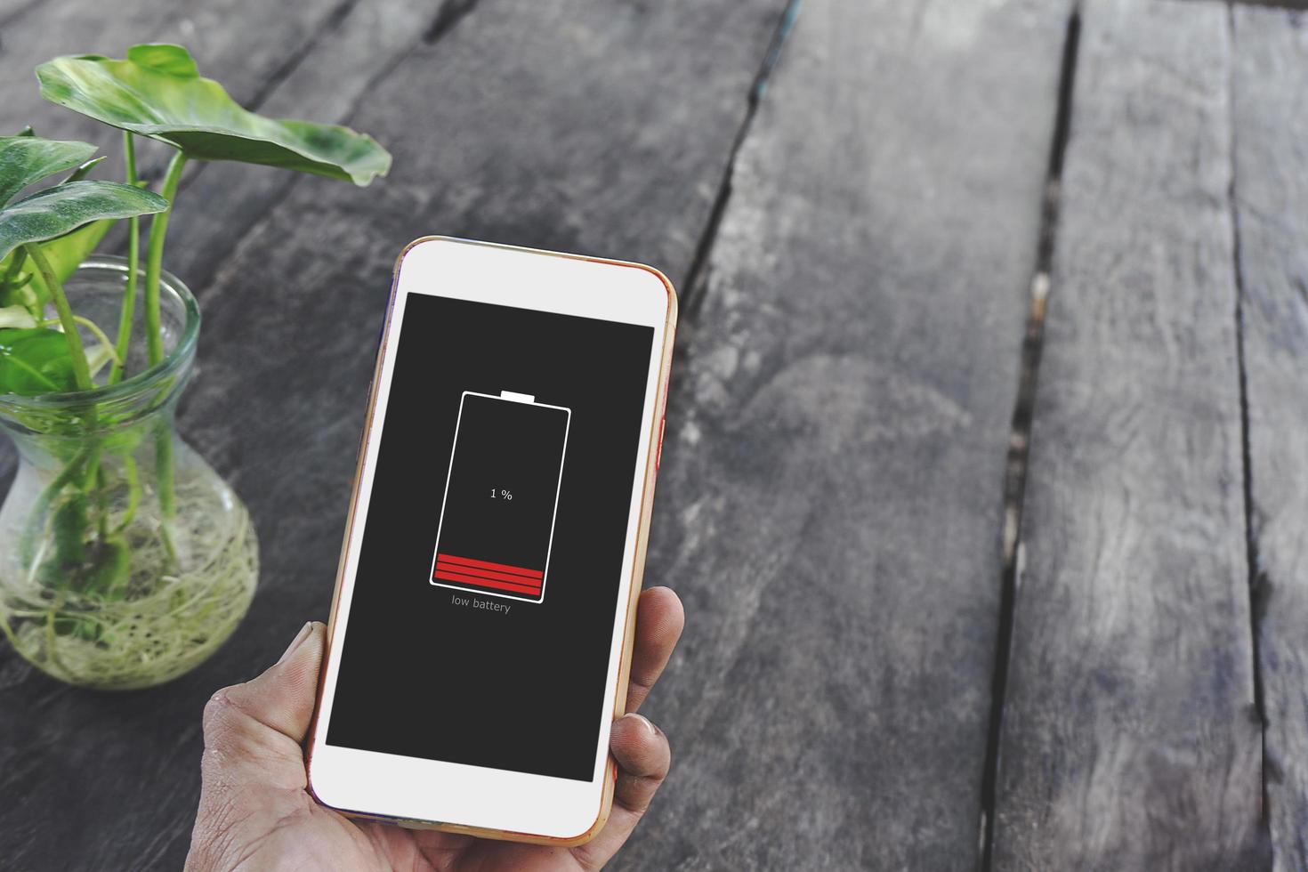 Close-up young man holding a smartphone with a low battery icon on phone black screen with green plant. Concept power charging photo