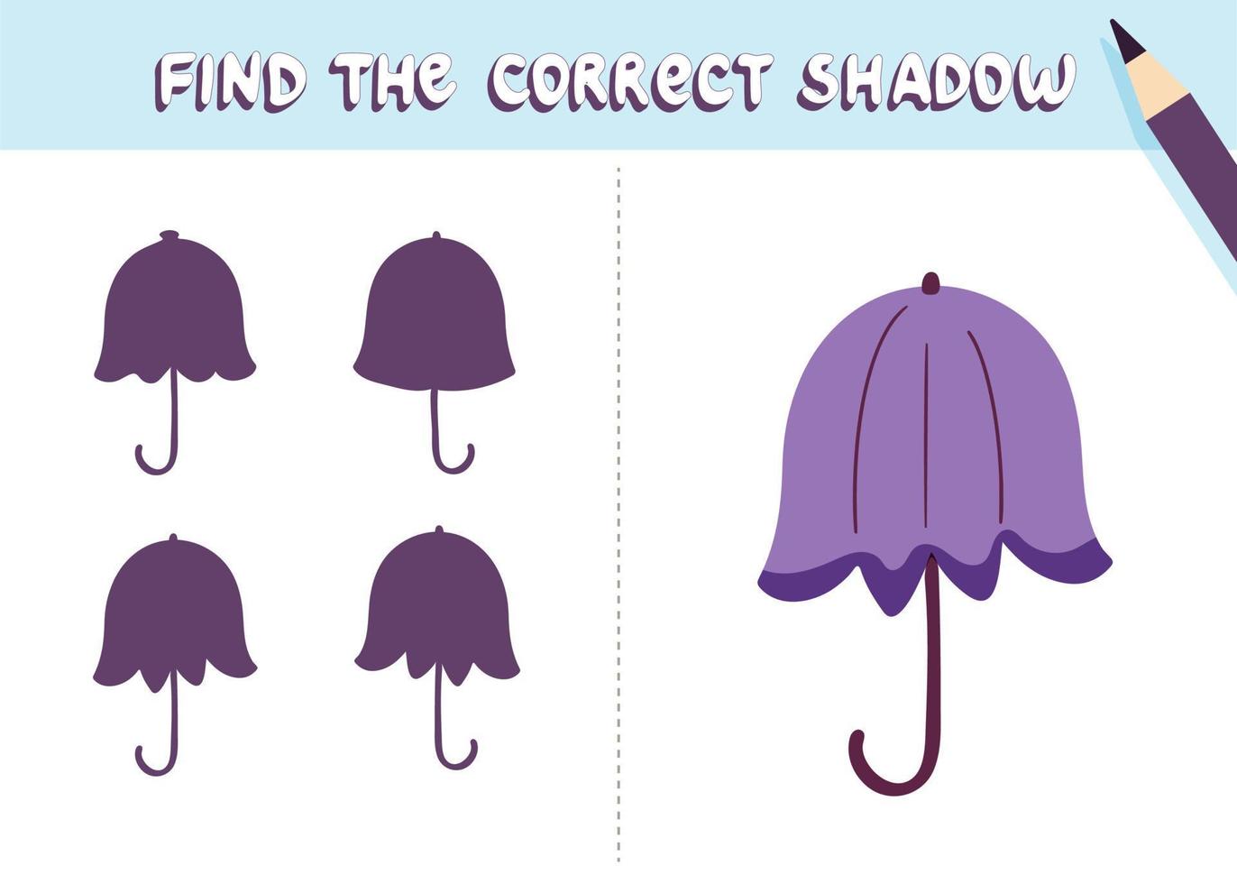 Find the correct shadow. Cute umbrella . Educational game for kids. Collection of children's games. Vector illustration in handdawn cartoon style