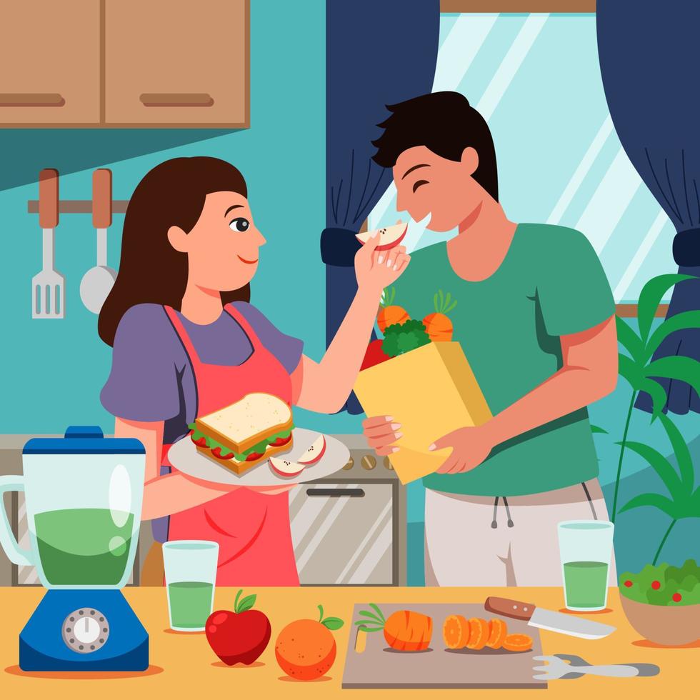 Couple Preparing Balanced Diet Food vector