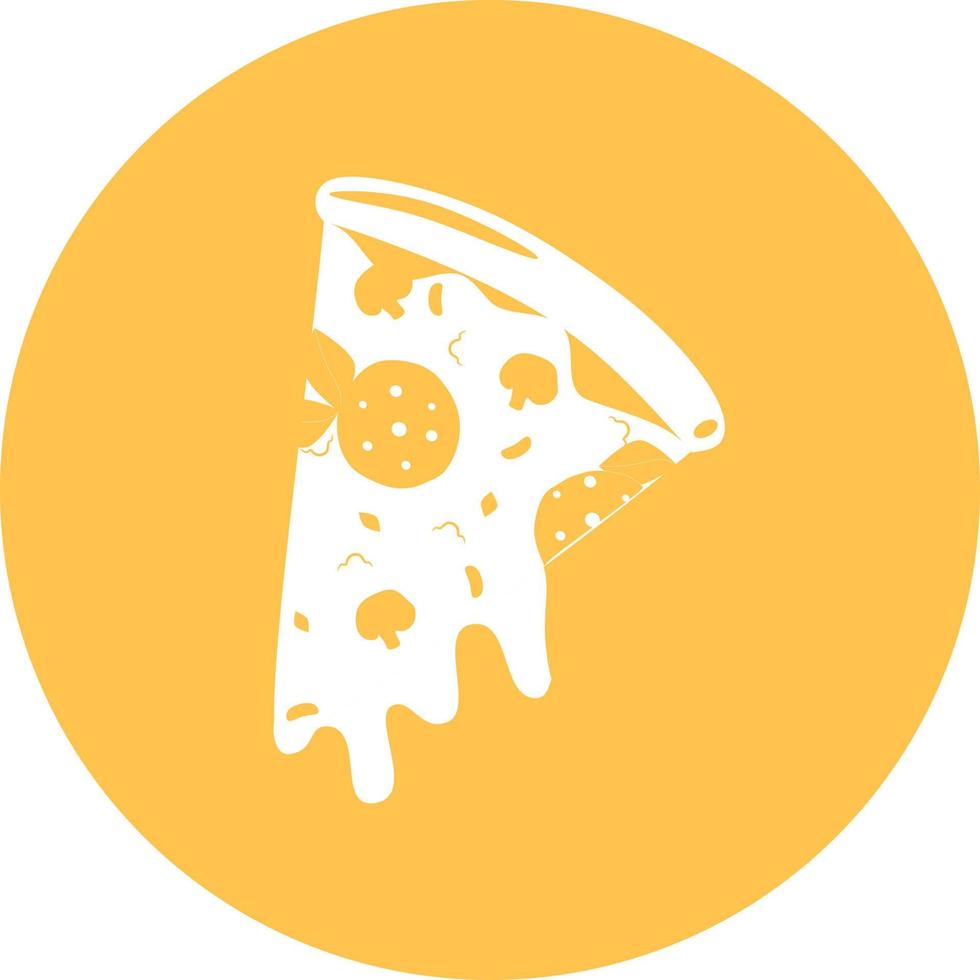 rebanada de pizza en el icono de círculo. rebanada de pizza de pimiento con queso derretido, champiñones, salchicha, icono de pepperoni. Ilustración de vector de pizza. decoración para tarjetas de felicitación, carteles, parches, estampados.