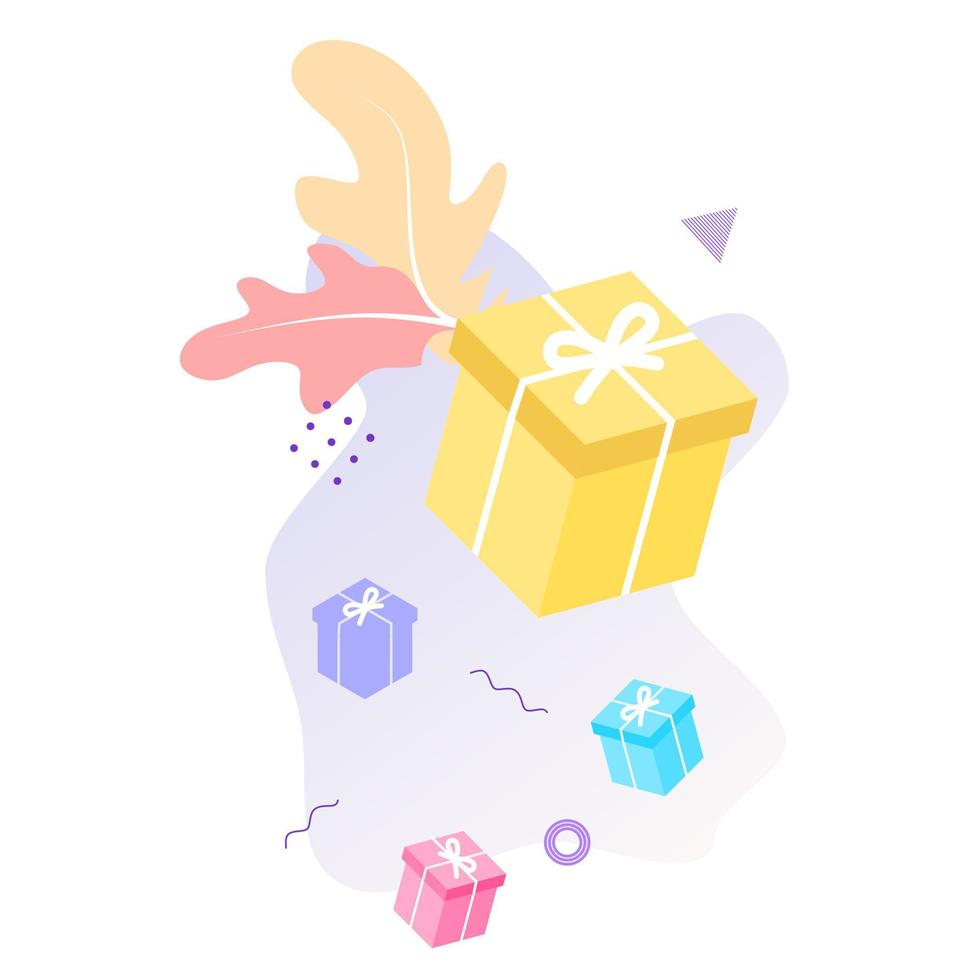 Customers getting reward gift. Happy about discount, cashback, coupon, big sale or voucher promotion. Flat Isometric vector illustration for sale, loyalty program, bonus, promotion concept.
