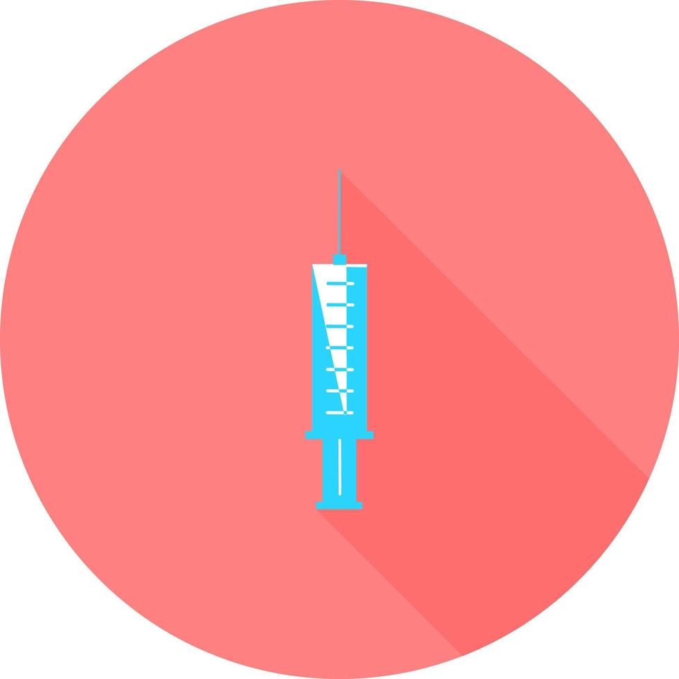 Medical syringe, hypodermic needle, Inject needle concept of vaccination, injection in circle icon with long shadows. Vector illustration. Drug dose concept. Symbol web site design, logo, app, UI.