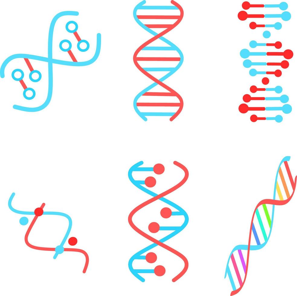 DNA spirals violet and turquoise color icons set. Deoxyribonucleic, nucleic acid helix. Spiraling strands. Chromosome. Molecular biology. Genetic code. Genome. Genetics. Isolated vector illustrations