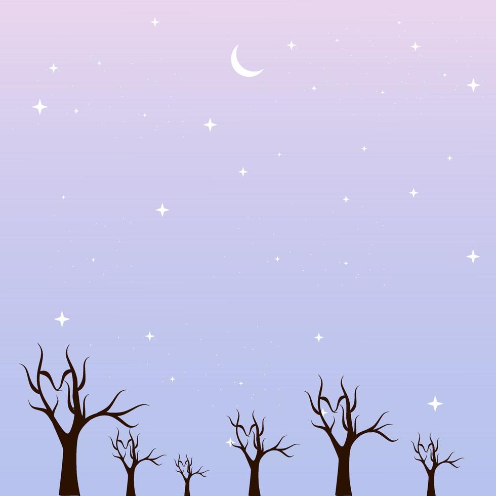 paisaje azul y morado con siluetas de árboles secos, ramas de árboles, luna y estrellas en el cielo. ilustración vectorial de fondo para el tema de la naturaleza y el papel tapiz. vector