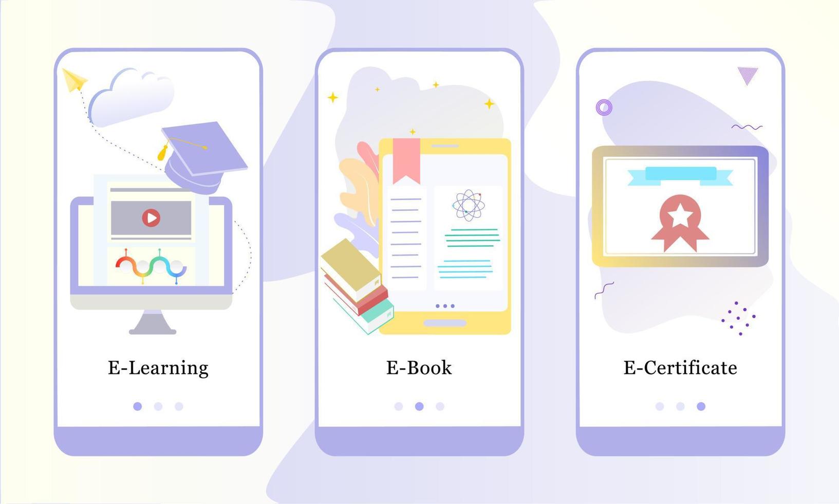 Online Education mobile app onboarding screens. E-learning, E-Book and E-Certificate. Menu vector banner template for website and UI mobile development. Web site design 3D isometric flat illustration.