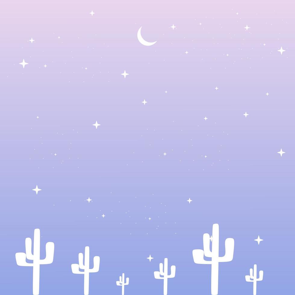 paisaje azul y morado con siluetas de cactus, luna y estrellas en el cielo. Ilustración de vector de fondo para tarjetas de felicitación, carteles, temas de naturaleza y fondos de pantalla.