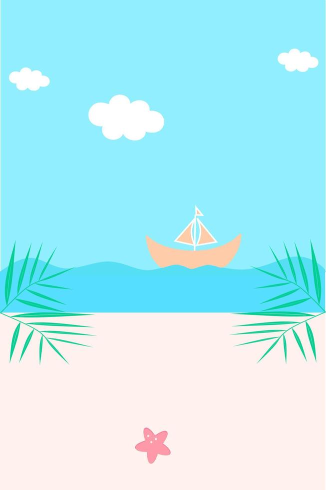 Beach background with starfish, sand boat, coconut leaves and sea. Seaside view poster. Summer holidays illustration and summer vector background. Tropical travel template for mobile, web site, UI.