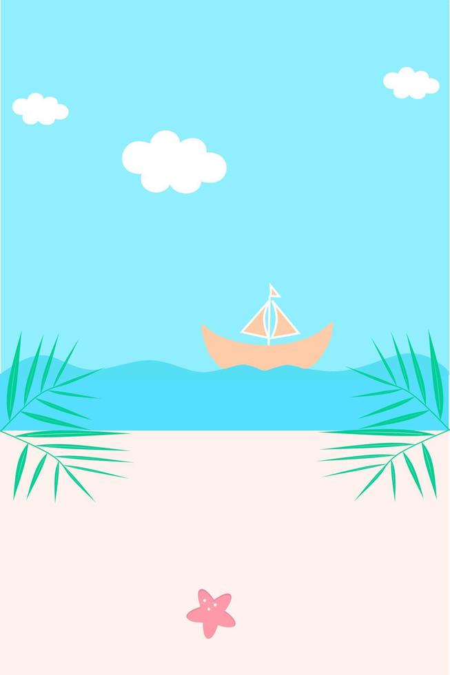 Fondo de playa con estrellas de mar, barco de arena, hojas de coco y mar. cartel de vista al mar. Ilustración de vacaciones de verano y fondo de vector de verano. plantilla de viaje tropical para móvil, sitio web, ui.