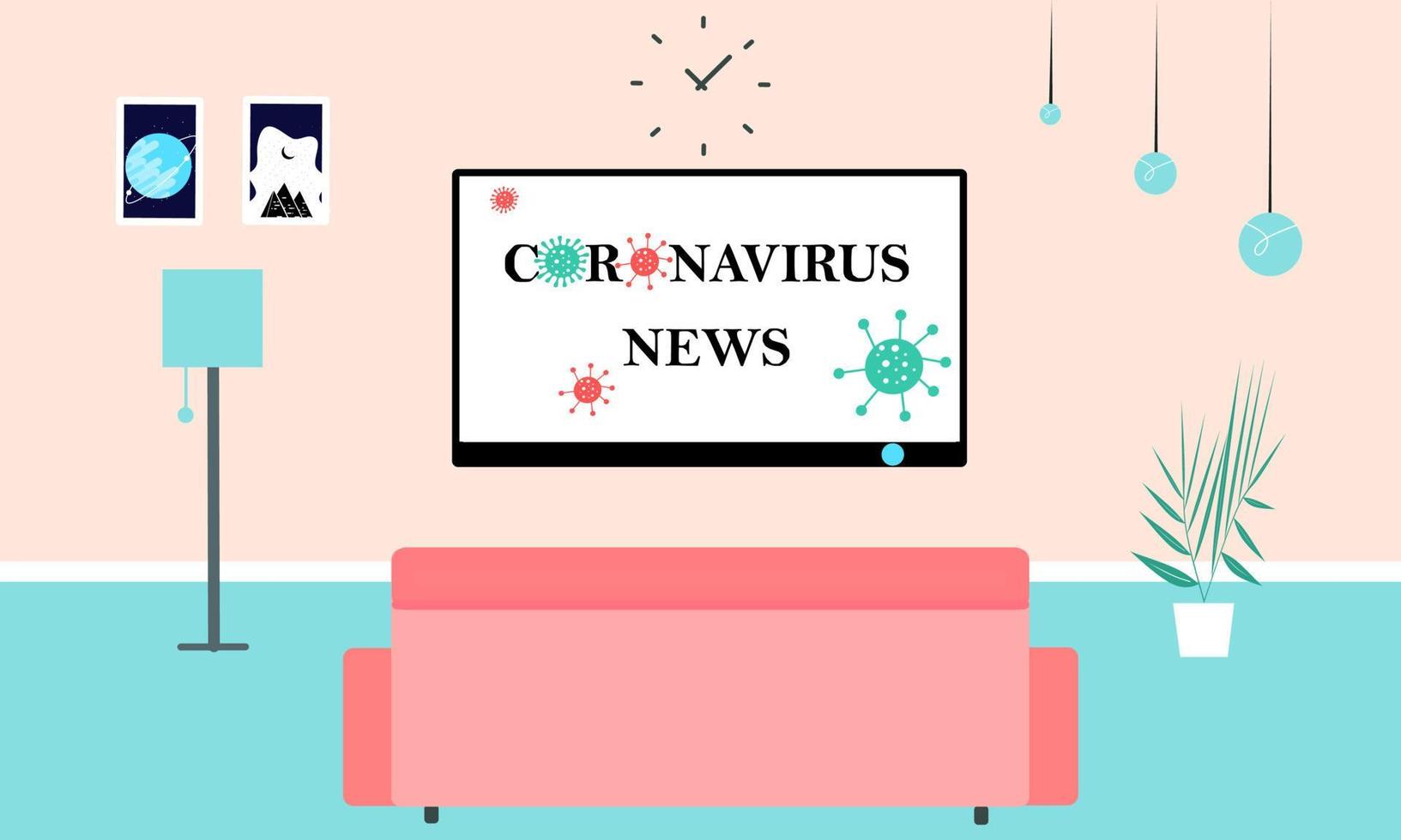 Illustrations depicting news on tv at home. Stay at home and catching up on news about coronavirus. Monitors the situation in the world. Isolation at home. Colorful vector illustration. Landing page.