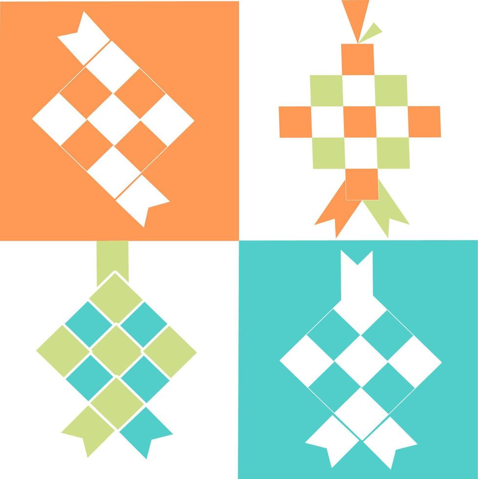 Set of ketupat icons in 4 different design on the green, orange and white background. Vector illustration. ketupat dumplings ready to for Eid Al-fitr, Muslim's holiday. Ramadan Kareem.