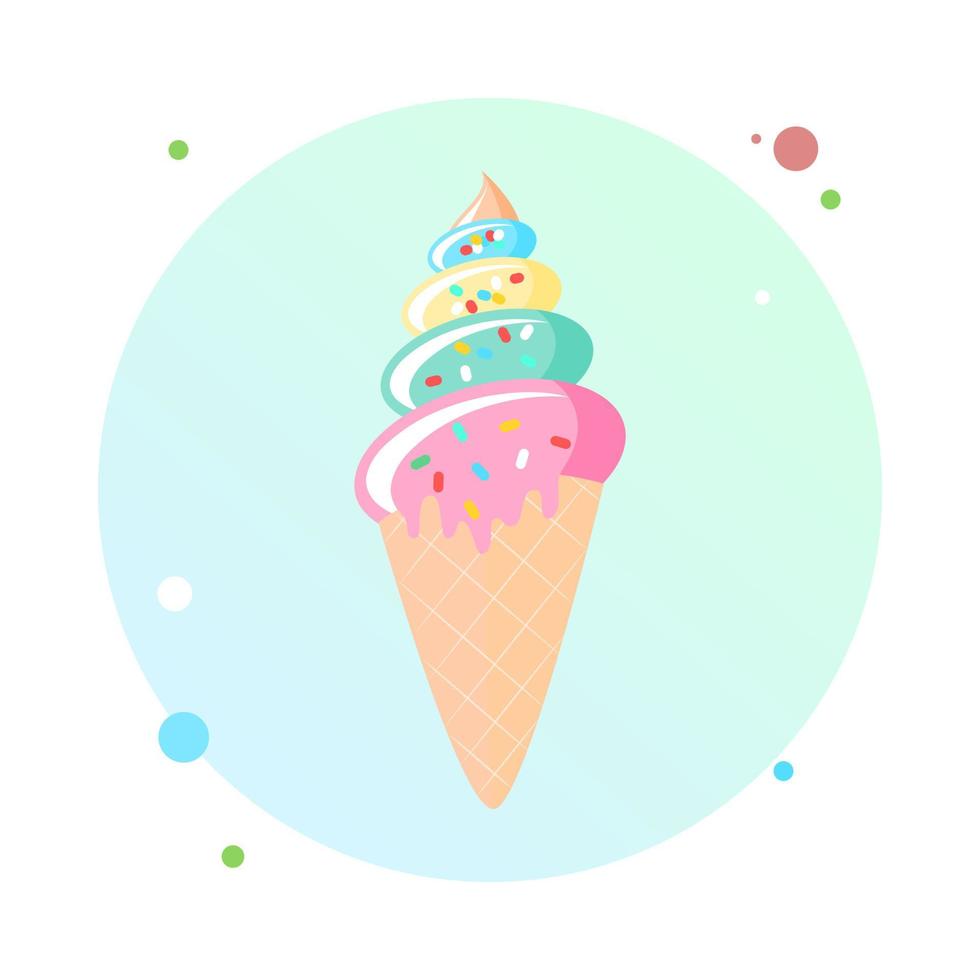 Vector illustration of ice cream cone in circle icon. Ice cream cone flat style in round shaped icon. Ice cream design for poster. Sweet dessert pastry.