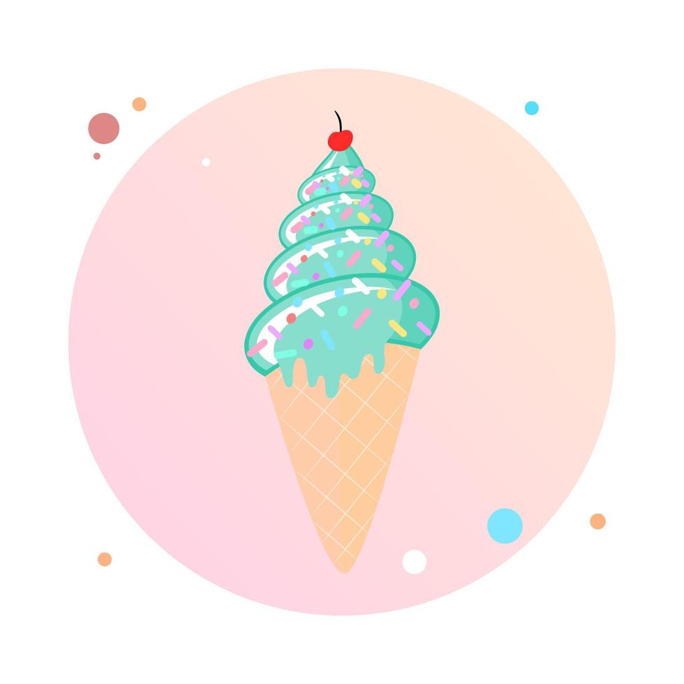 Vector illustration of ice cream cone in circle icon. Ice cream cone flat style in round shaped icon. Ice cream design for poster. Sweet dessert pastry.