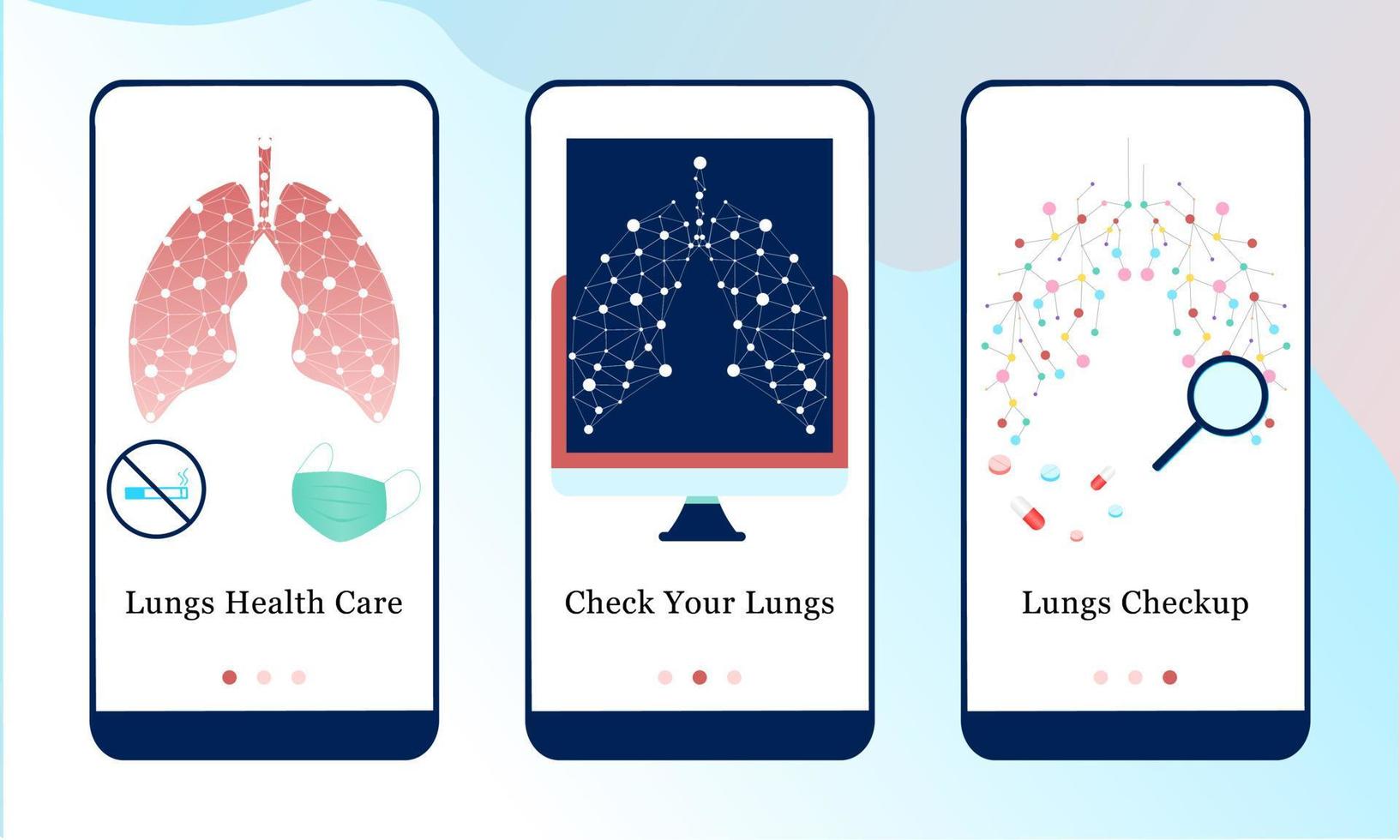 Application design set for Lungs Health Care, Check your Lungs and Lungs Checkup. UI onboarding screens design. Mobile app template web site. Isometric modern vector illustrations for user interface.