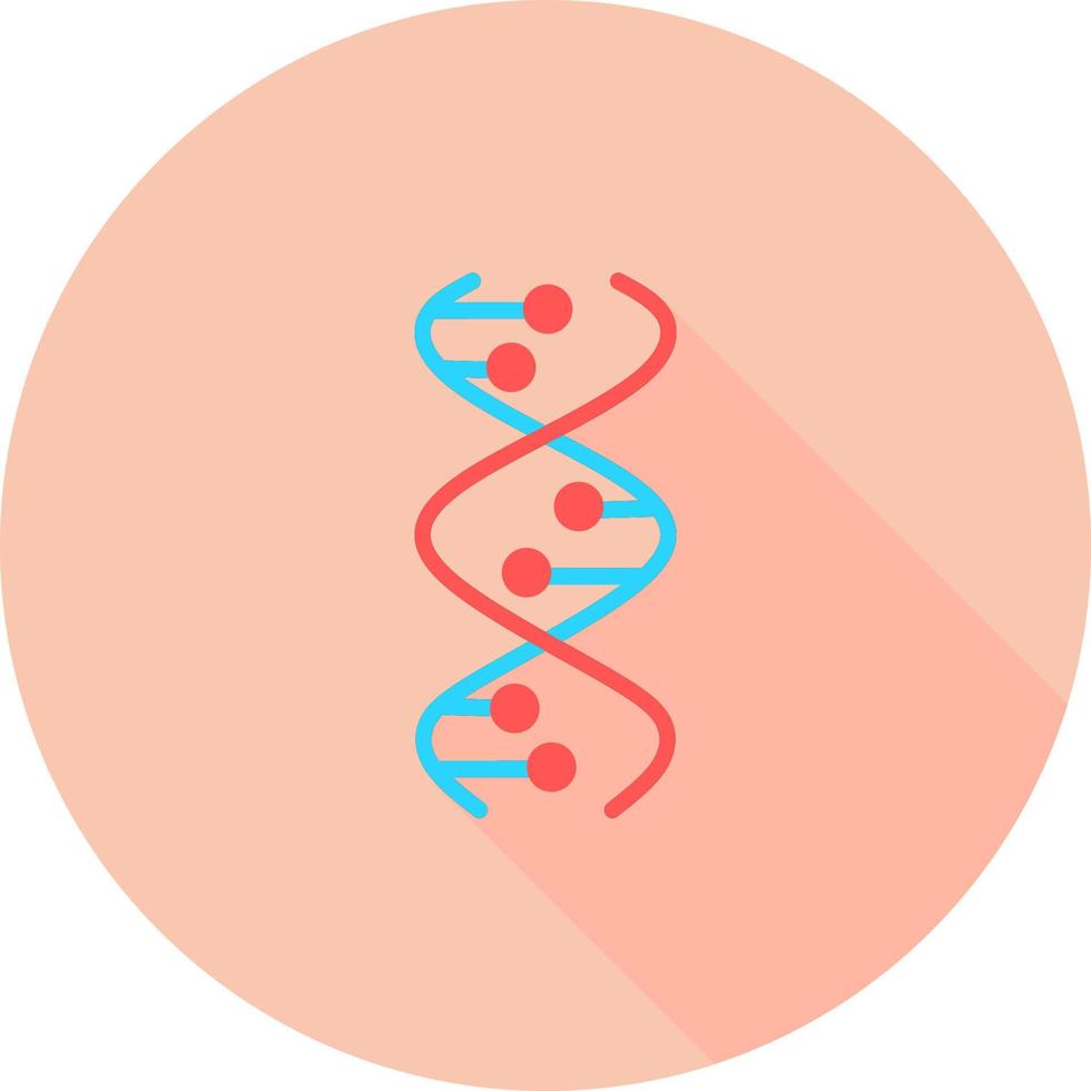 DNA spiral in circle icon with long shadows. Deoxyribonucleic, nucleic acid helix. Spiraling strands. Chromosome. Molecular biology. Genetic code. Genome. Genetics. Isolated vector illustration.