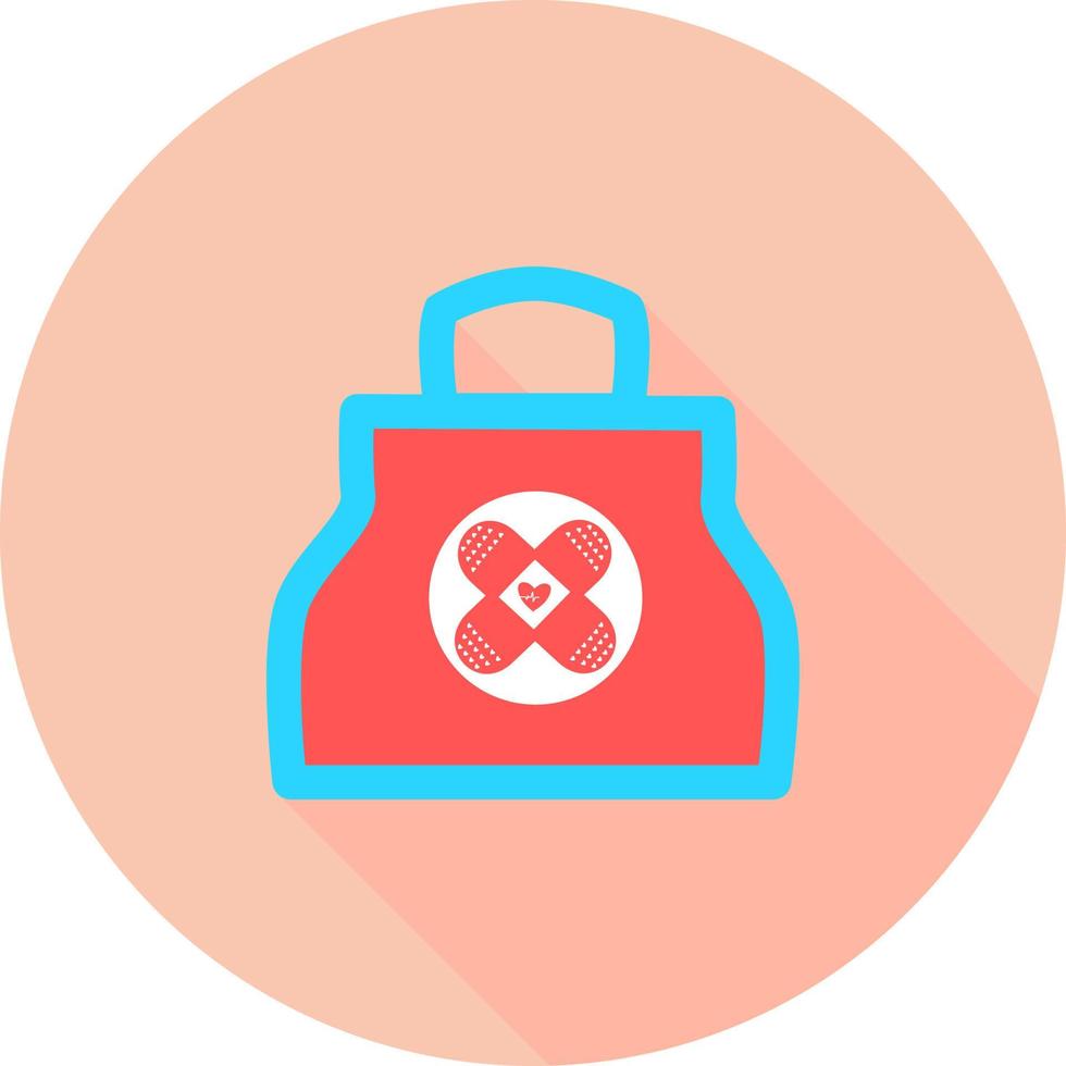 Medical bag in circle icon with long shadows. First aid kit medicine. Doctor's first-aid kit. Medicine chest vector illustration. Study medicine doctor's kit bag. Pharmacy. Medical kit icon vector.