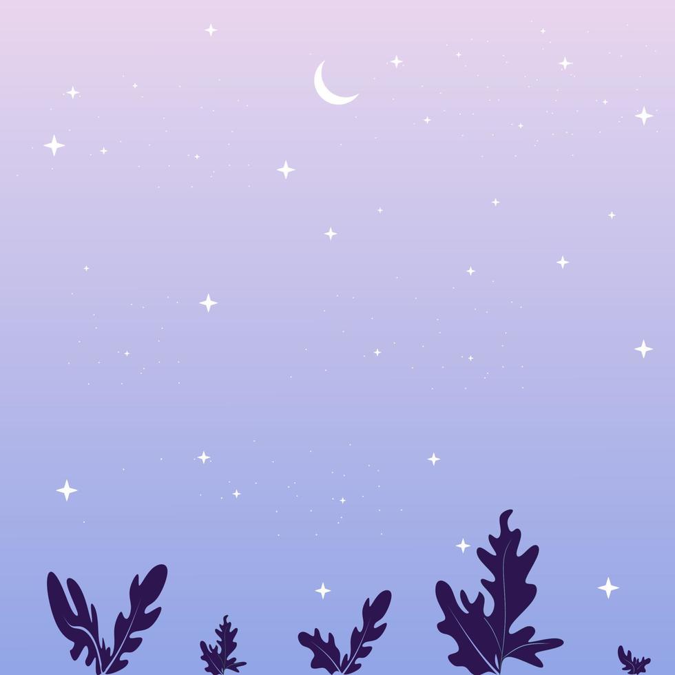 Blue and purple landscape with silhouettes of leaves, moon and stars in the sky. Background vector illustration for greeting card, poster, nature theme and wallpaper.