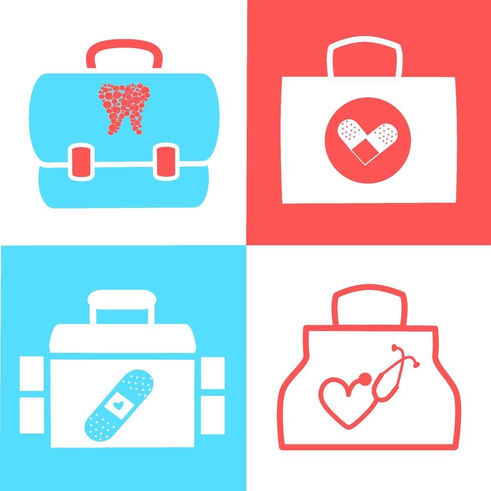 First aid kit medicine cartoon style isolated. Doctor's first-aid kit in cartoon style. Medicine chest vector illustration. Study Medicine Doctor's Kit With Bag. Pharmacy. Medical Kit icon vector set