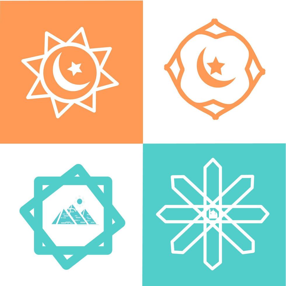 Geometric logo template set. Vector circular Arabic ornamental symbols with moon, star, pyramid, and mosque on the white, green, and orange background. Elegant Ornament Pattern Vector