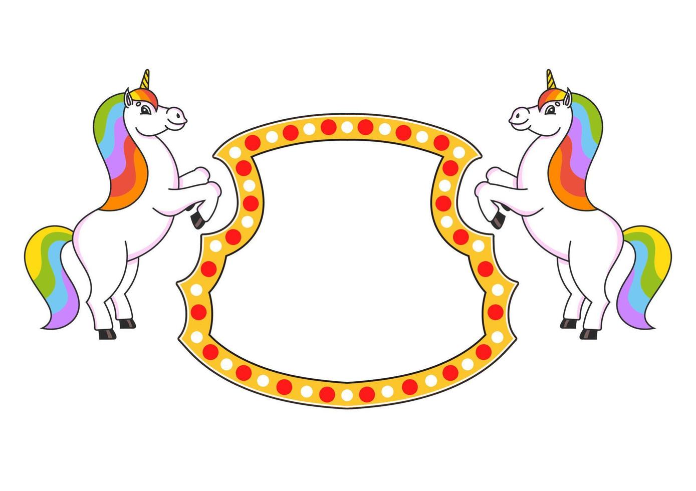 Two cute unicorns reared up. Cartoon style. Color bright illustration. With place for your text. For circus advertisements, advertising. vector