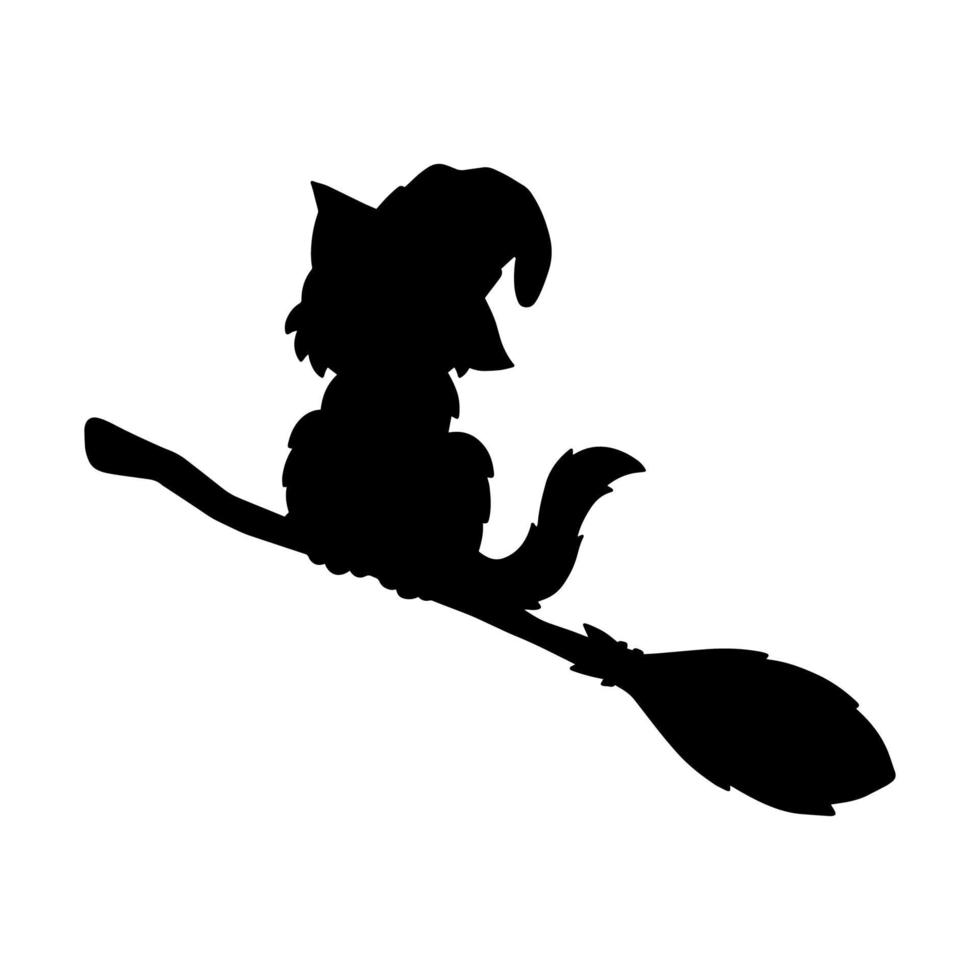 A cat in a witch hat flies on a broomstick. Black silhouette. Design element. Vector illustration isolated on white background. Template for books, stickers, posters, cards, clothes.
