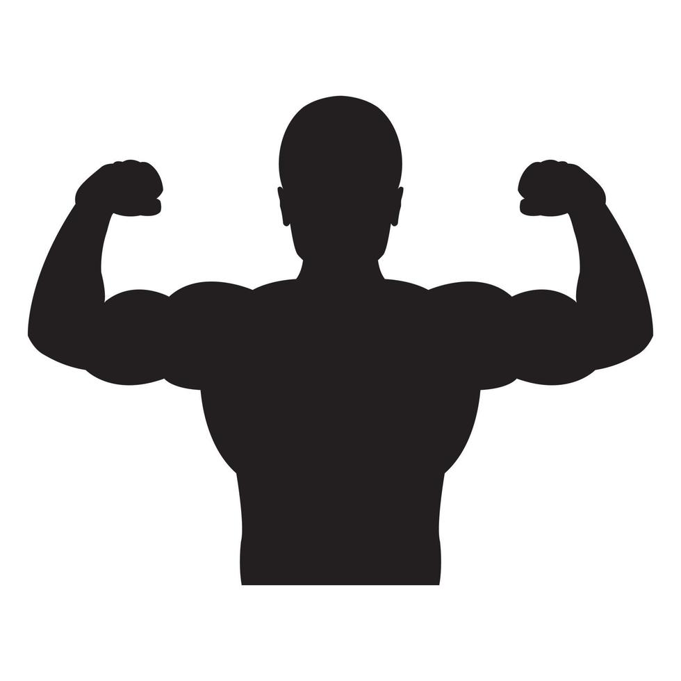 Bodybuilder strong man. Black silhouette. Design element. Vector illustration isolated on white background. Template for books, stickers, posters, cards, clothes.