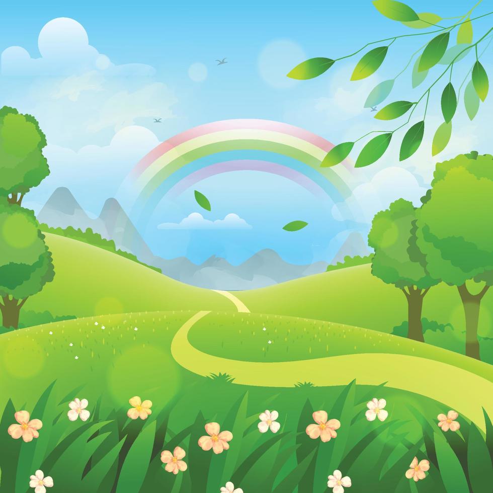 Spring Scenery with Rainbow vector