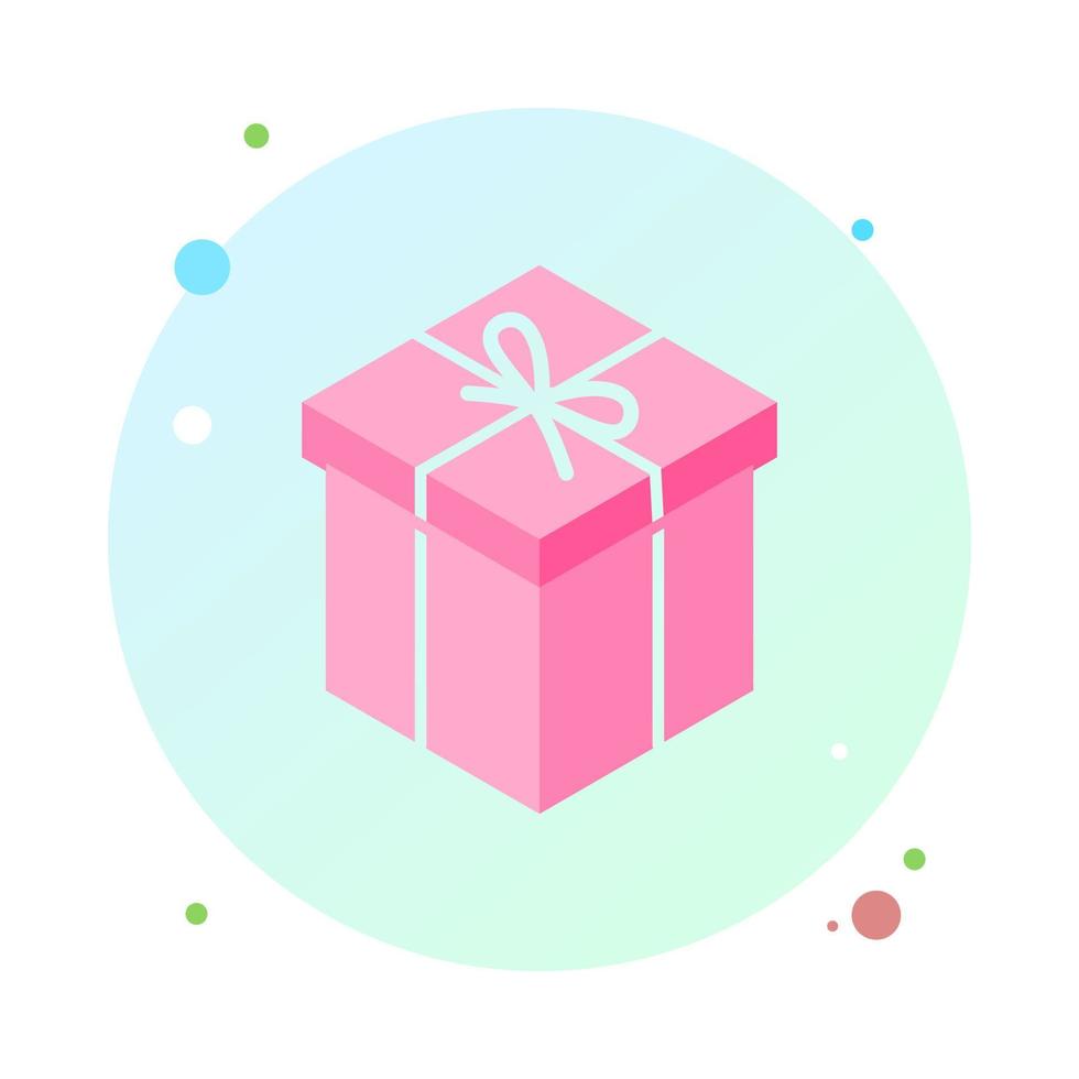 Present gift box with ribbon bows flat design illustration in circle icon. Isometric vector interface elements for app icon UI UX banner web invitation isolated on circle shaped background.